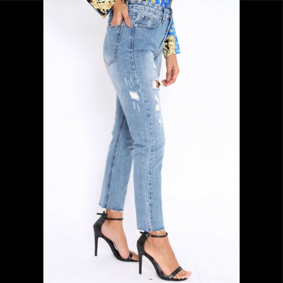 Blue Ripped Mid Wash Mom Jeans - Picture 2 of 3